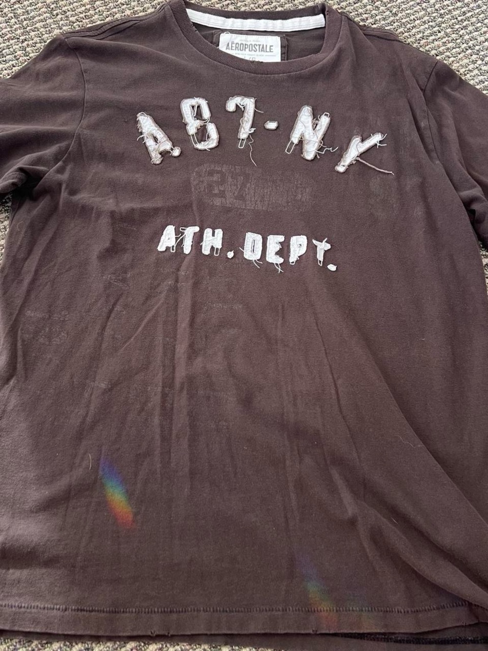 Aeropostale Distressed Brown Tee with Frayed White Applique Letters